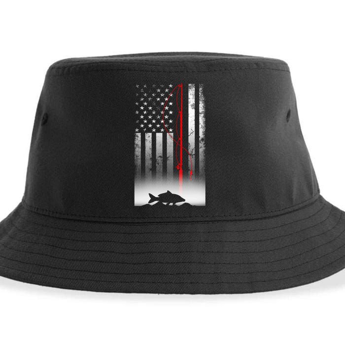 Fishing Pole American Flag Gift For Patriotic Fisherman Sustainable Bucket Hat