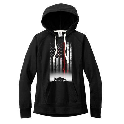 Fishing Pole American Flag Gift For Patriotic Fisherman Women's Fleece Hoodie