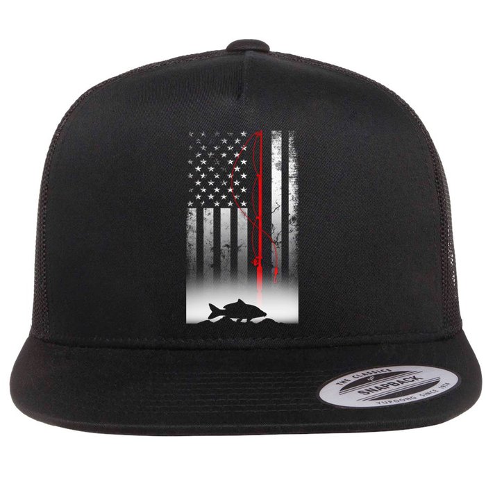 Fishing Pole American Flag Gift For Patriotic Fisherman Flat Bill Trucker Hat