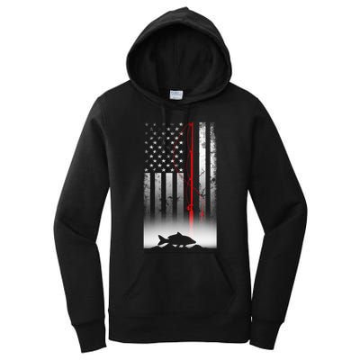 Fishing Pole American Flag Gift For Patriotic Fisherman Women's Pullover Hoodie