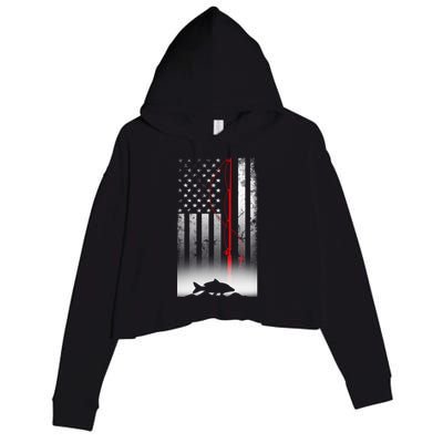 Fishing Pole American Flag Gift For Patriotic Fisherman Crop Fleece Hoodie