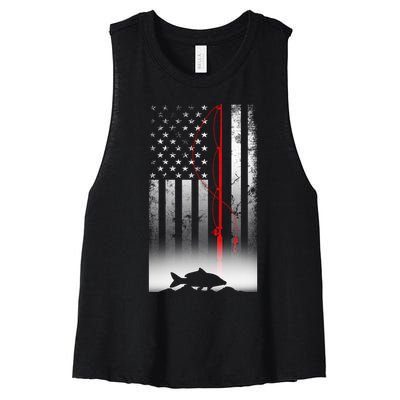 Fishing Pole American Flag Gift For Patriotic Fisherman Women's Racerback Cropped Tank