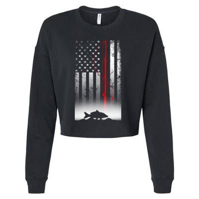 Fishing Pole American Flag Gift For Patriotic Fisherman Cropped Pullover Crew