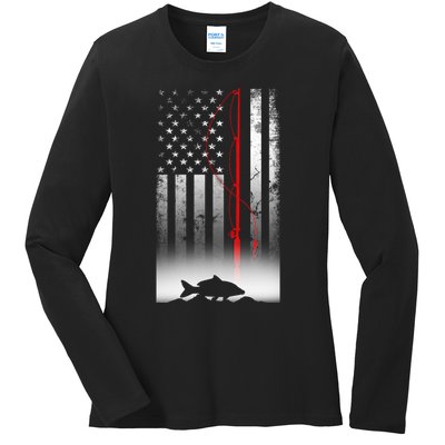 Fishing Pole American Flag Gift For Patriotic Fisherman Ladies Long Sleeve Shirt