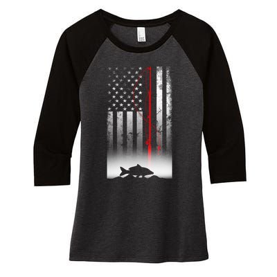 Fishing Pole American Flag Gift For Patriotic Fisherman Women's Tri-Blend 3/4-Sleeve Raglan Shirt