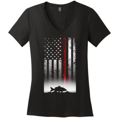 Fishing Pole American Flag Gift For Patriotic Fisherman Women's V-Neck T-Shirt