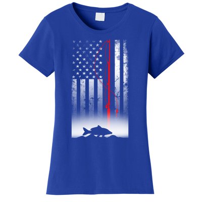 Fishing Pole American Flag Gift For Patriotic Fisher Funny Gift Women's T-Shirt