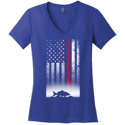 Fishing Pole American Flag Gift For Patriotic Fisher Funny Gift Women's V-Neck T-Shirt