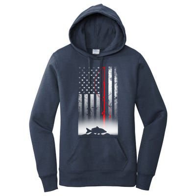 Fishing Pole American Flag Gift For Patriotic Fisher Funny Gift Women's Pullover Hoodie