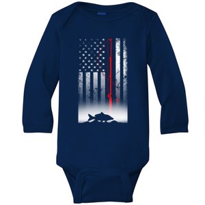 Fishing Pole American Flag Gift For Patriotic Fisher Funny Gift Baby Long Sleeve Bodysuit