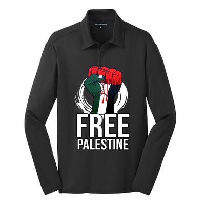 Free Palestine Arabic Support Palestine And Gaza Jerusalem Silk Touch Performance Long Sleeve Polo