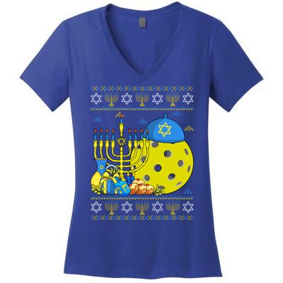Funny Pickleball Ball Orah Dreidel Ugly Hanukkah Sweater Funny Gift Women's V-Neck T-Shirt