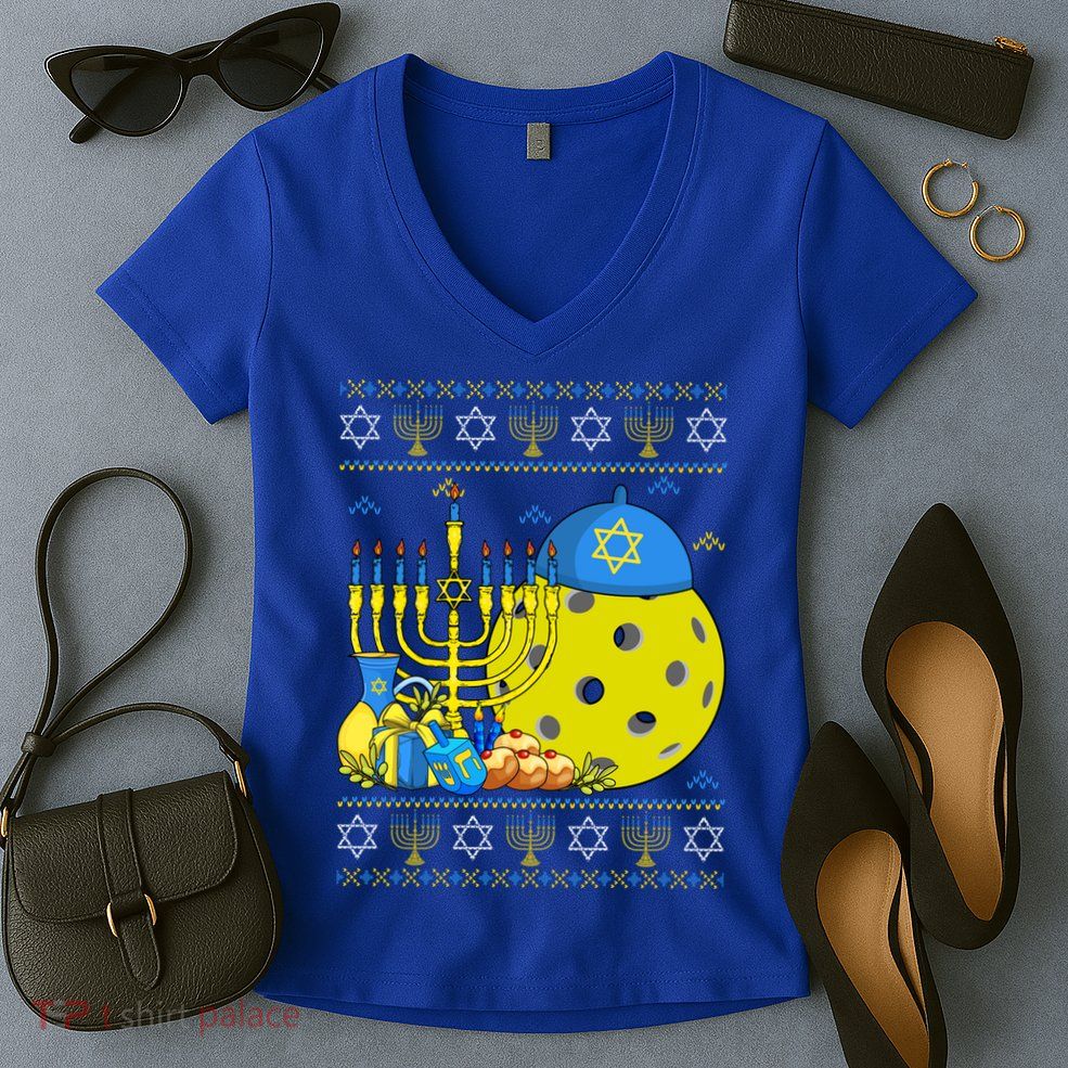 Funny Pickleball Ball Orah Dreidel Ugly Hanukkah Sweater Funny Gift Women's V-Neck T-Shirt