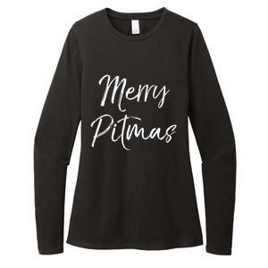 Funny Pit Bull Pun Christmas Joke Pitbull Owner Merry Pitmas Gift Womens CVC Long Sleeve Shirt