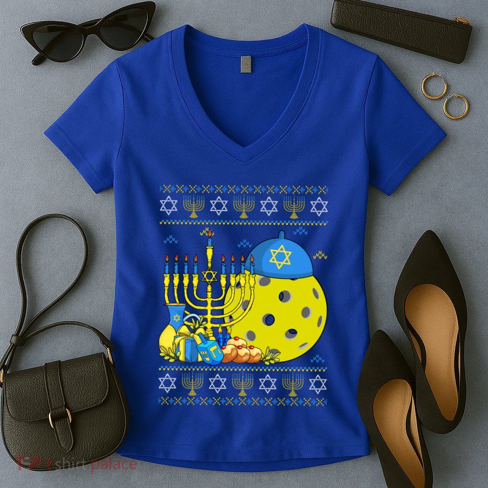 Funny Pickleball Ball Orah Dreidel Ugly Hanukkah Gift Women's V-Neck T-Shirt