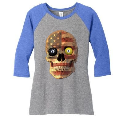 Funny Pool Billiard Snooker Design Skull With Us Flag Gift Women's Tri-Blend 3/4-Sleeve Raglan Shirt