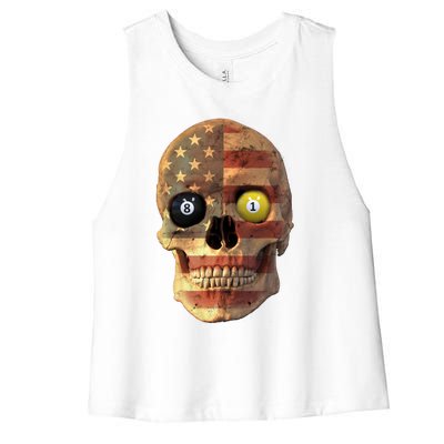 Funny Pool Billiard Snooker Design Skull With Us Flag Gift Women's Racerback Cropped Tank