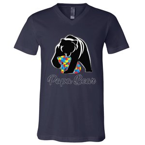 Funny Papa Bear Autism Awareness Autism Matching Family Dad V-Neck T-Shirt