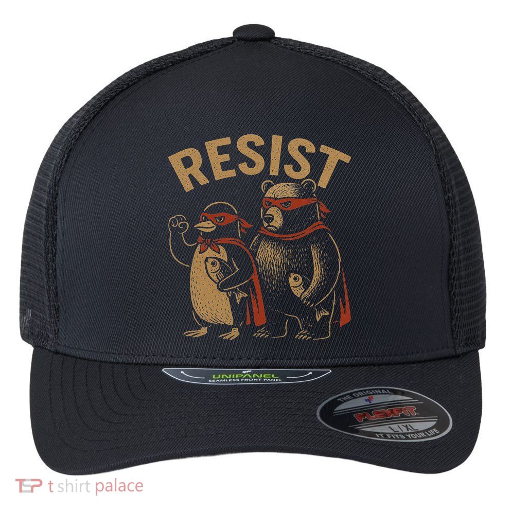 Funny Penguin Bear Resist Penguins Protest Against Tariffs Flexfit Unipanel Trucker Cap