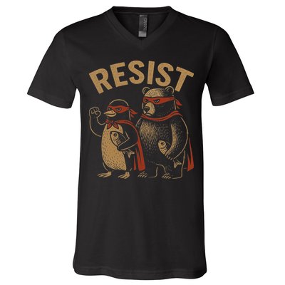 Funny Penguin Bear Resist Penguins Protest Against Tariffs V-Neck T-Shirt