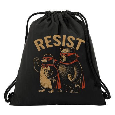 Funny Penguin Bear Resist Penguins Protest Against Tariffs Drawstring Bag