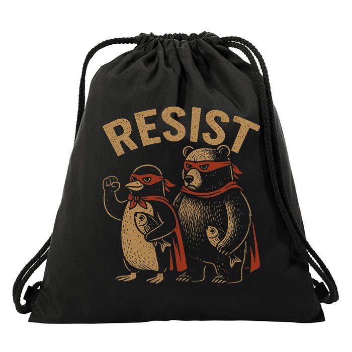 Funny Penguin Bear Resist Penguins Protest Against Tariffs Drawstring Bag