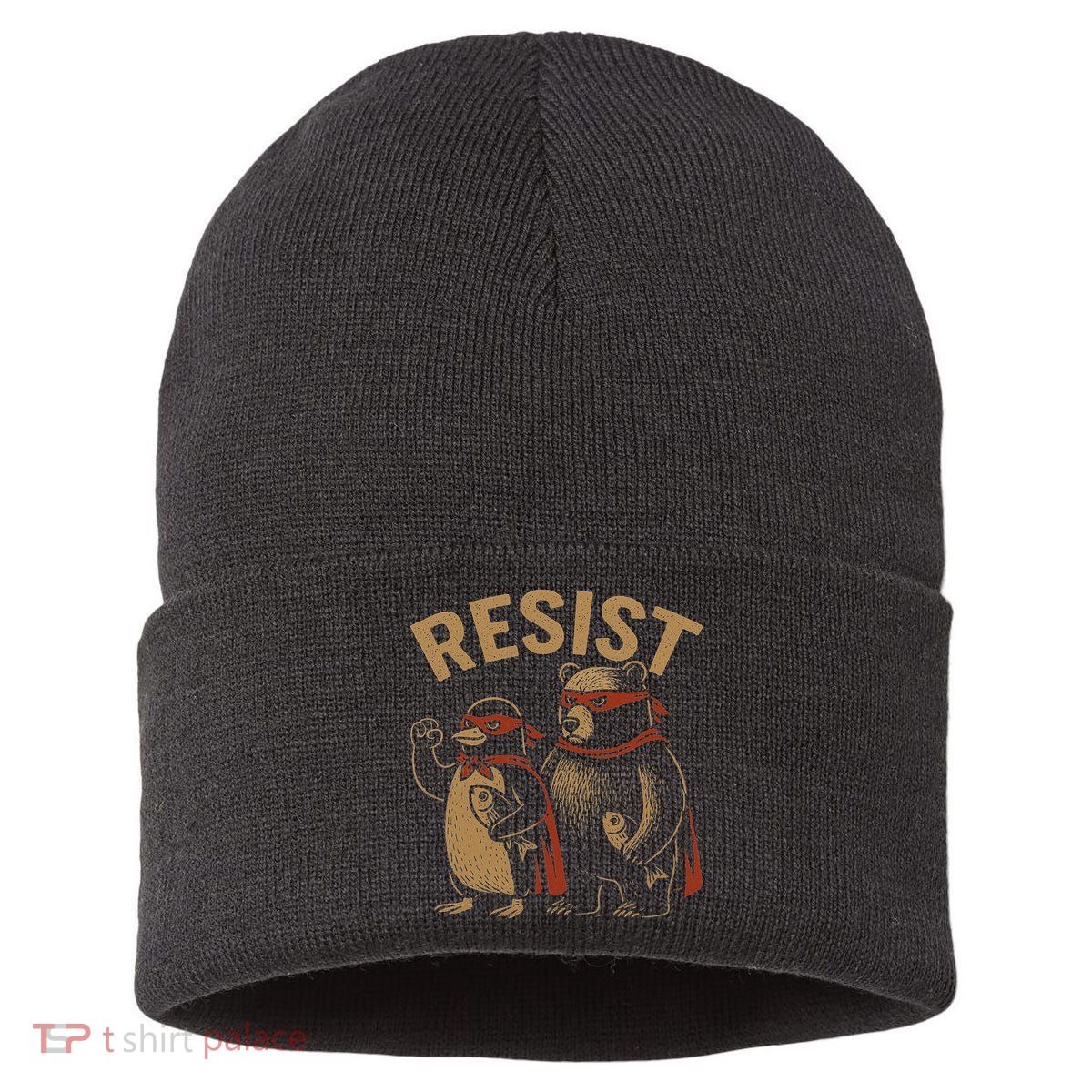 Funny Penguin Bear Resist Penguins Protest Against Tariffs Sustainable Knit Beanie