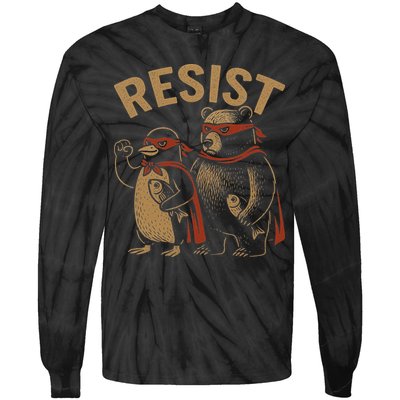 Funny Penguin Bear Resist Penguins Protest Against Tariffs Tie-Dye Long Sleeve Shirt