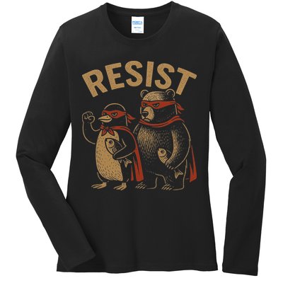 Funny Penguin Bear Resist Penguins Protest Against Tariffs Ladies Long Sleeve Shirt