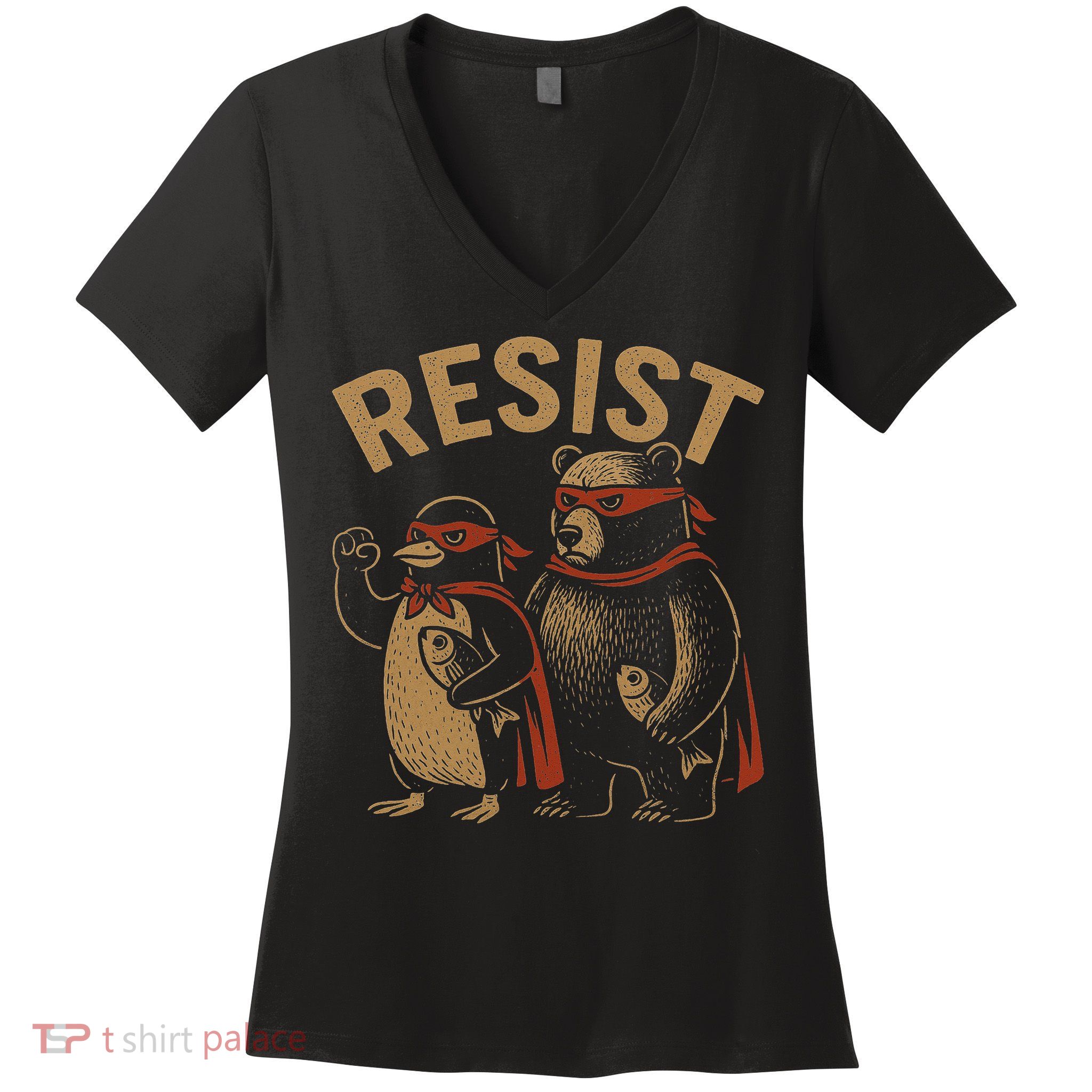 Funny Penguin Bear Resist Penguins Protest Against Tariffs Women's V-Neck T-Shirt