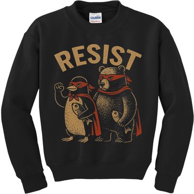 Funny Penguin Bear Resist Penguins Protest Against Tariffs Kids Sweatshirt