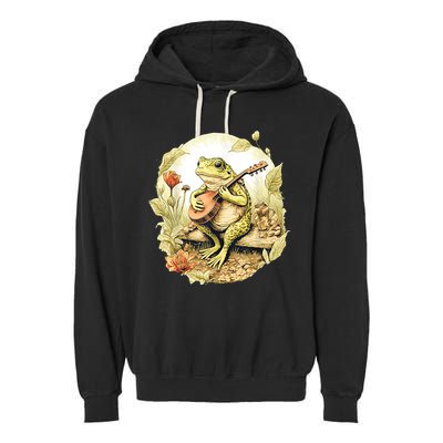Frog Playing Banjo On Log Garment-Dyed Fleece Hoodie