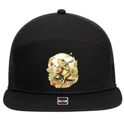 Frog Playing Banjo On Log 7 Panel Mesh Trucker Snapback Hat