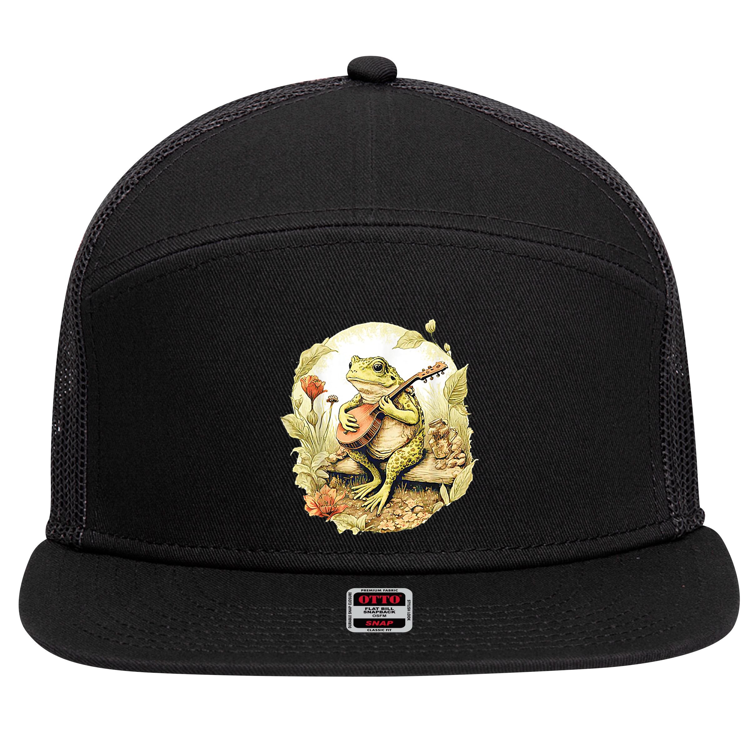 Frog Playing Banjo On Log 7 Panel Mesh Trucker Snapback Hat