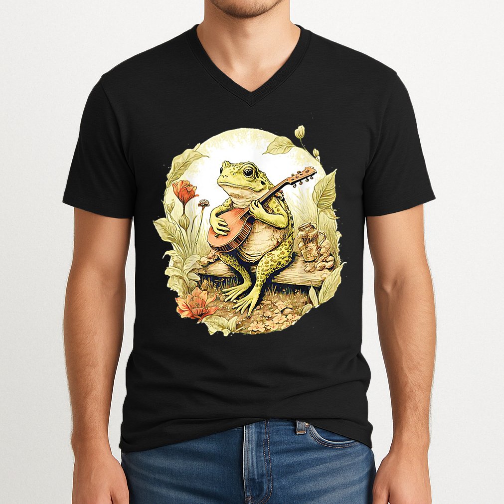 Frog Playing Banjo On Log V-Neck T-Shirt