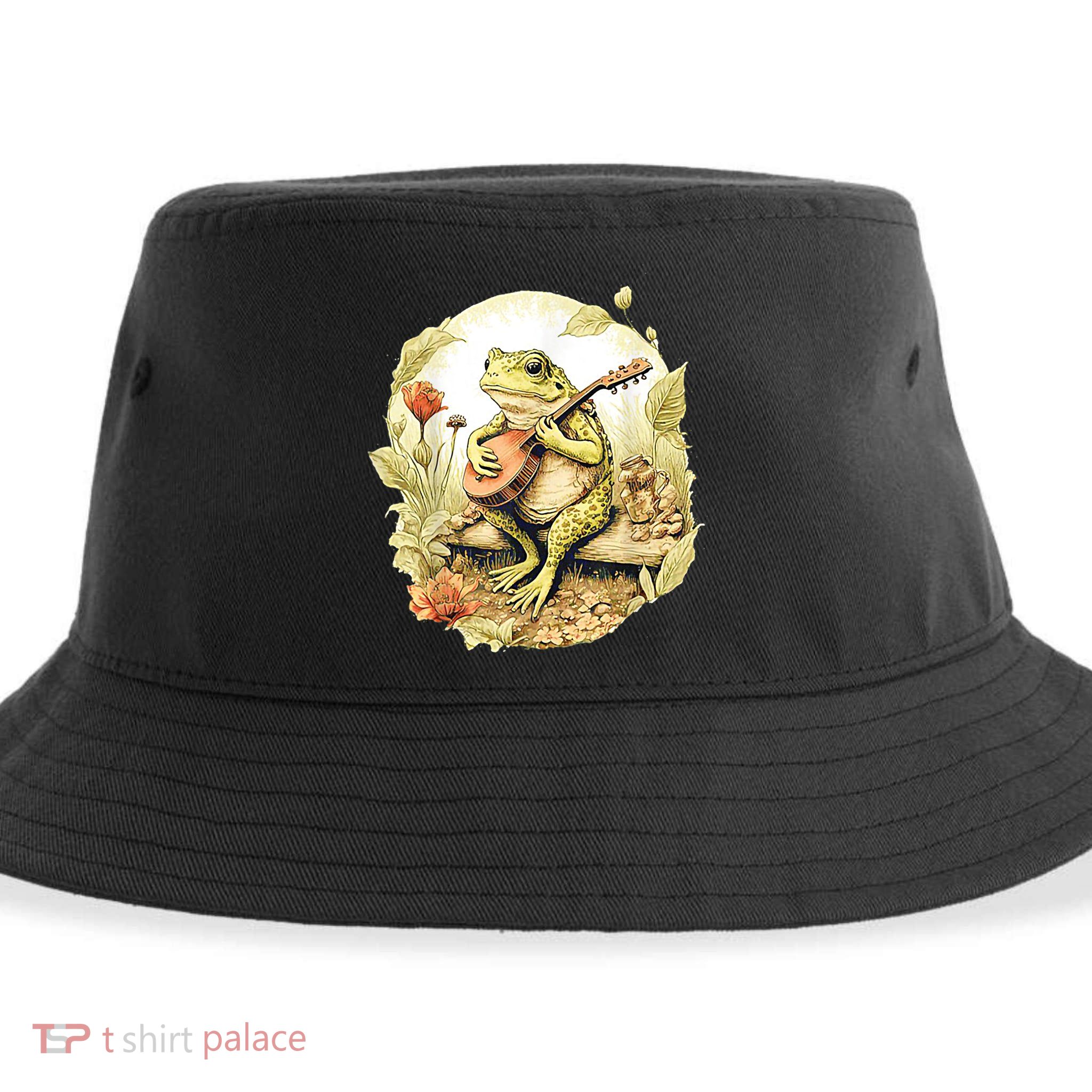 Frog Playing Banjo On Log Sustainable Bucket Hat