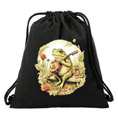 Frog Playing Banjo On Log Drawstring Bag