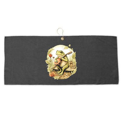 Frog Playing Banjo On Log Large Microfiber Waffle Golf Towel