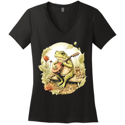 Frog Playing Banjo On Log Women's V-Neck T-Shirt