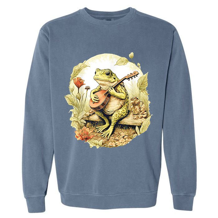 Frog Playing Banjo On Log Garment-Dyed Sweatshirt