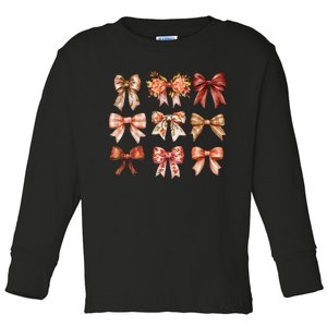 Fall Pumpkin Bow Coquette Autumn Leaves Thanksgiving Toddler Long Sleeve Shirt