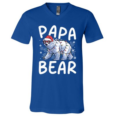 Funny Papa Bear Christmas Santa Hat Lights Snowflakes Xmas Gift V-Neck T-Shirt