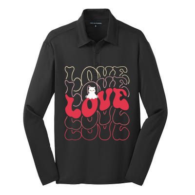 Funny Polar Bear Love Groovy Style Heart Valentines Day Love Gift Silk Touch Performance Long Sleeve Polo