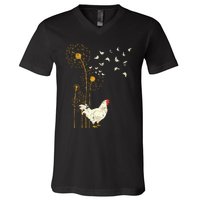 Farmer Poultry Bird Flower Farm Animal Dandelion Chicken V-Neck T-Shirt