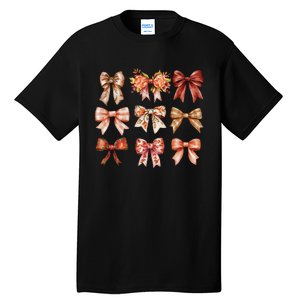 Fall Pumpkin Bow Coquette Autumn Leaves Thanksgiving Tall T-Shirt