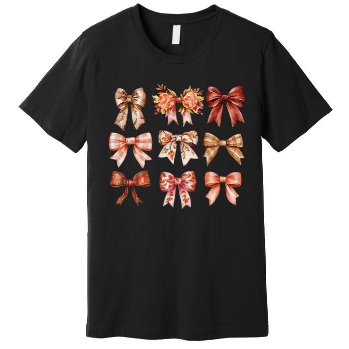 Fall Pumpkin Bow Coquette Autumn Leaves Thanksgiving Premium T-Shirt