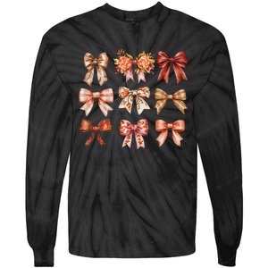 Fall Pumpkin Bow Coquette Autumn Leaves Thanksgiving Tie-Dye Long Sleeve Shirt