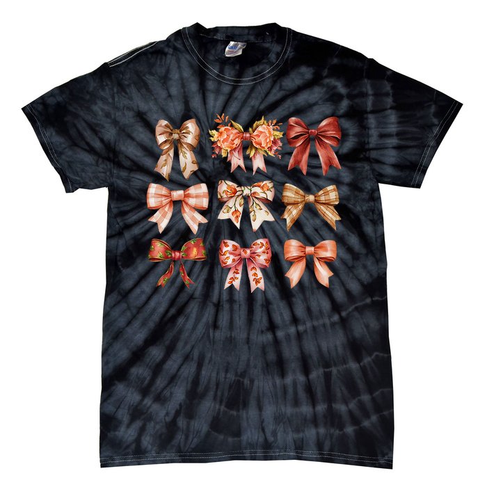 Fall Pumpkin Bow Coquette Autumn Leaves Thanksgiving Tie-Dye T-Shirt