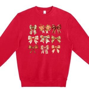 Fall Pumpkin Bow Coquette Autumn Leaves Thanksgiving Premium Crewneck Sweatshirt