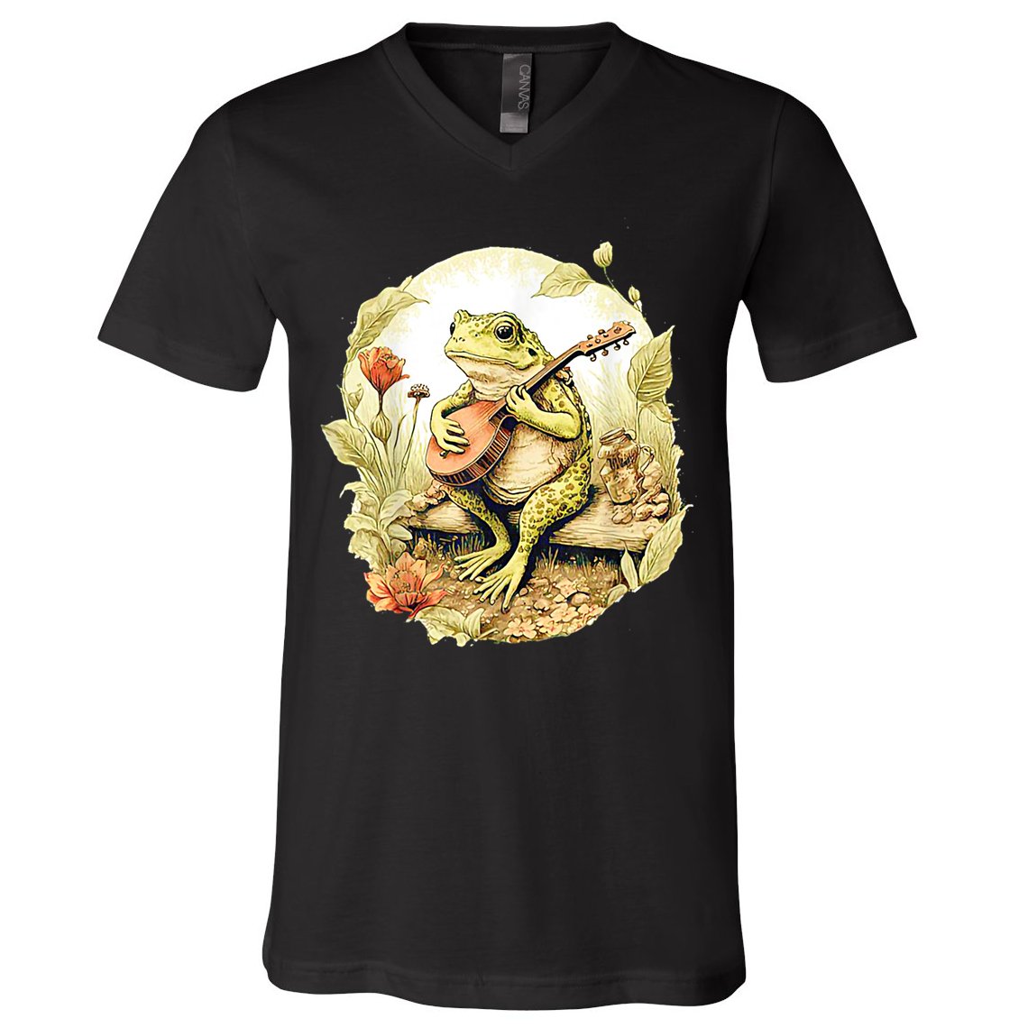 Frog Playing Banjo On Log V-Neck T-Shirt